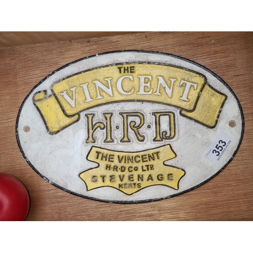 353 - A heavy oval cast metal advertising wall sign for Vincent Motorcycles.