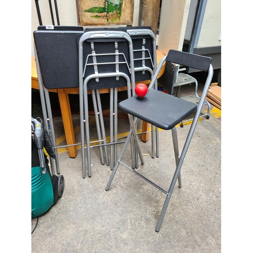 371 - Four High stools with metal frames and wooden seat and backs.