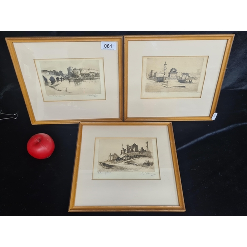 61 - Three lovely 'Cyril Anning' etchings titled 'Thomond Bridge, Co.Limerick' 'The ruins of Cashel' 'The... 