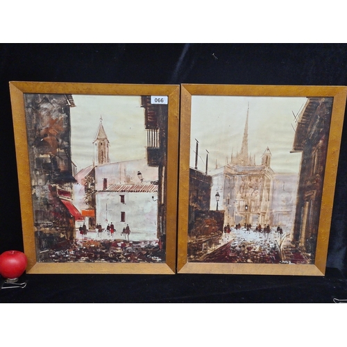 66 - A pair of wonderful oil on canvas paintings after Jose Diaz. Features Spanish Street scenes with cob... 