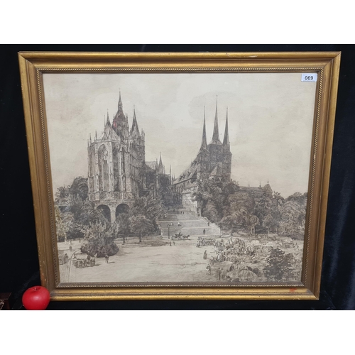 69 - Star Lot: An antique large wonderful etching on paper. Features the 'Erfurt Cathedral' by Arndt, Leo... 