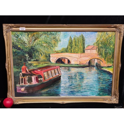 84 - A large, bright and vivid original oil on board painting featuring a canal and narrowboat landscape ... 