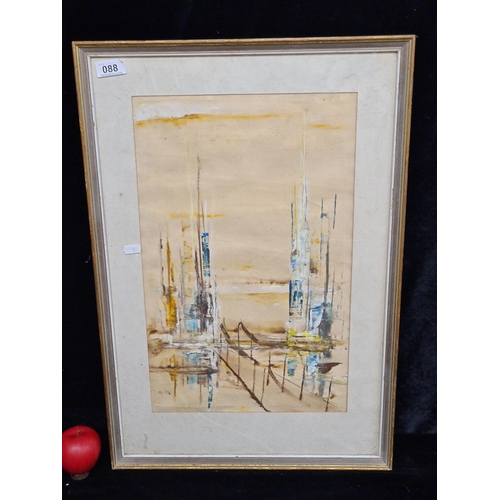 88 - A vintage mixed media on paper painting featuring a cityscape with bridge. Rendered in gestural mark... 