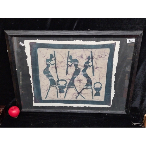 92 - A wonderful African batik on cotton painting mounted to hand made paper. Features women making corn ... 