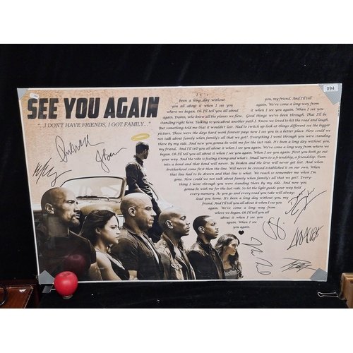 94 - A 2015 film poster for the Fast & Furious 7 film - See you Again. Features printed signatures of the... 