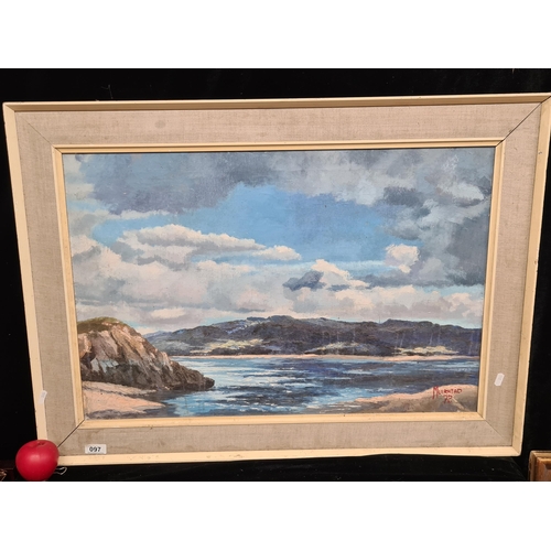 97 - A large very well achieved oil on linen canvas painting. Features a expansive coastal landscape with... 