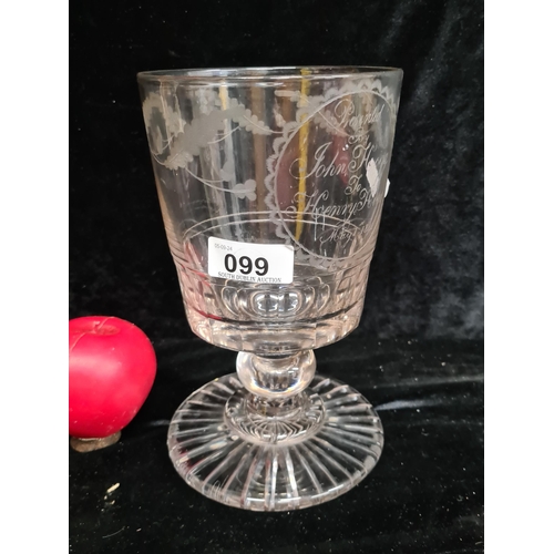 99 - A large 1842 century glass pedestal celery vase with hand etched detailing and engraved inscription ... 