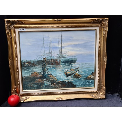 294 - A vivid oil on canvas painting. Features a nautical scene with sailing ships, boats and a fisherman.... 