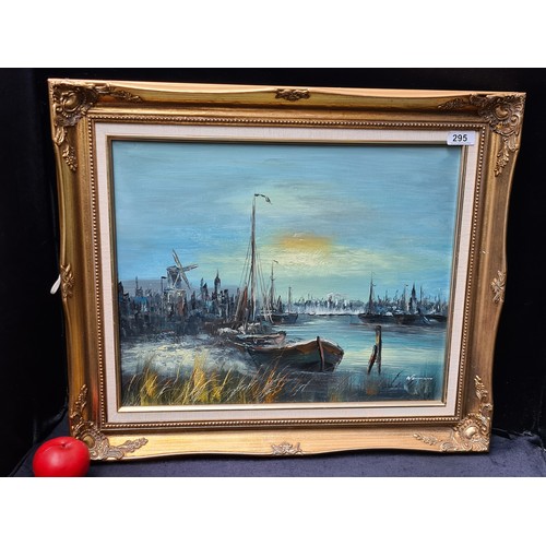 295 - A captivating original oil on canvas painting. Features a nautical scene with sailing ships. Rendere... 