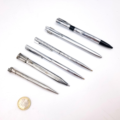 11 - Six writing pens including a Wahl Eversharp silver plate example along with four French Waterman exa... 