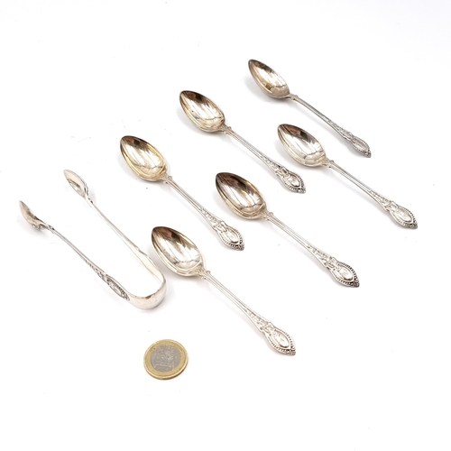 54 - A very pretty antique set of six sterling silver teaspoons with attractive design on handles. Dimens... 