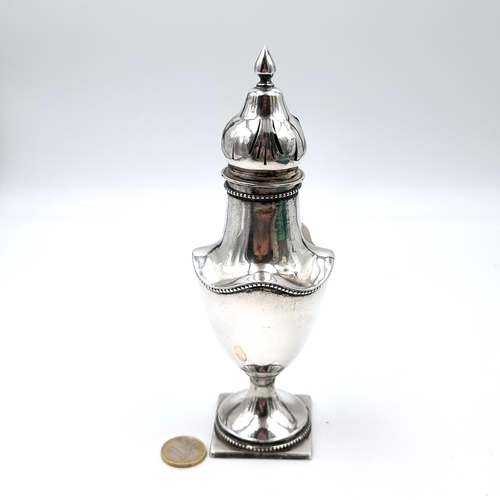 57 - Star Lot : An antique Art Nouveau sterling silver sugar caster, features a plain round tapering body... 