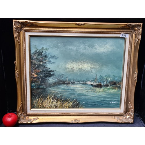 296 - A remarkable oil on canvas painting. Features a nautical landscape with sailing ships and seagulls. ... 