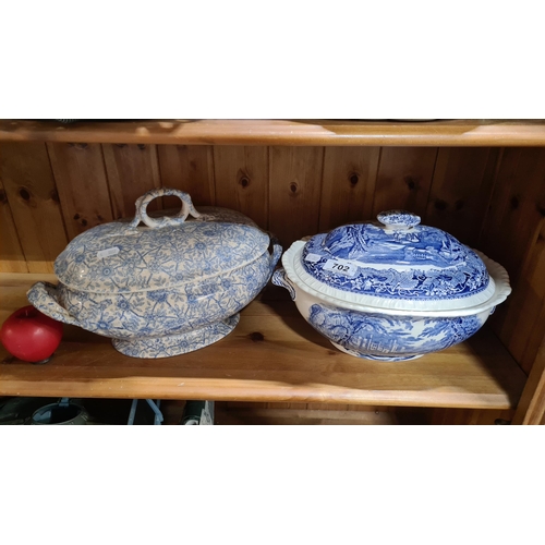 702 - Two vintage blue and white lidded tureens including a Mason's example.