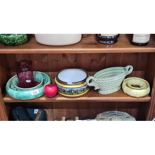 726 - Five ceramic items. Includes a silver plated rim 'Palissy England' Bowl. Along with a ruby glass vas... 