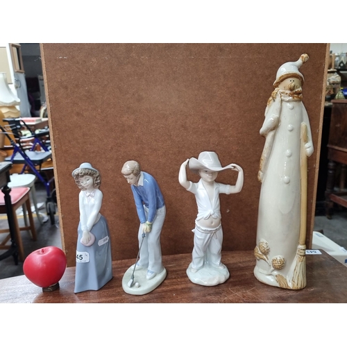 645 - Set of four ceramic figurines, including three Nao by Lladro pieces and a tall snowman figure, craft... 