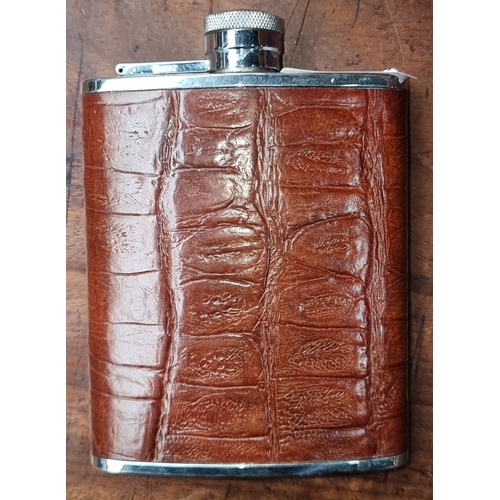 647 - Collection of five hip flasks, including two pink flasks, a crocodile leather-wrapped flask, a black... 