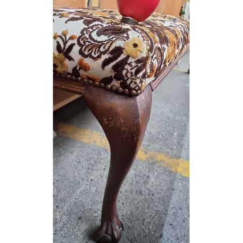 680 - Star lot :  A very long 1930s upholstered bench with floral fabric and claw-and-ball feet. Features ... 