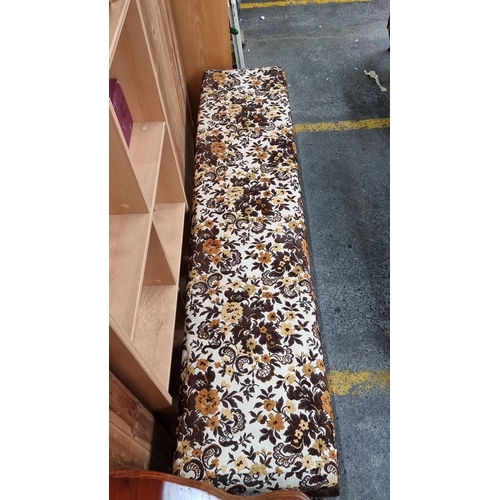 680 - Star lot :  A very long 1930s upholstered bench with floral fabric and claw-and-ball feet. Features ... 