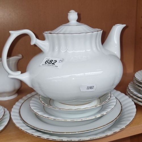 682 - Chodzież porcelain tea set, white with gold trim, includes teapot, creamer, sugar bowl, six teacups ... 