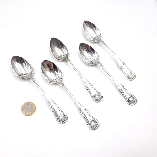 504 - A collection of five 19th century sterling silver spoons with attractive detailing to handles hallma... 