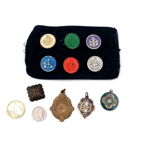 528 - A set of six junior boys brigade junior section badges, a sterling Irish medal featuring the harp da... 