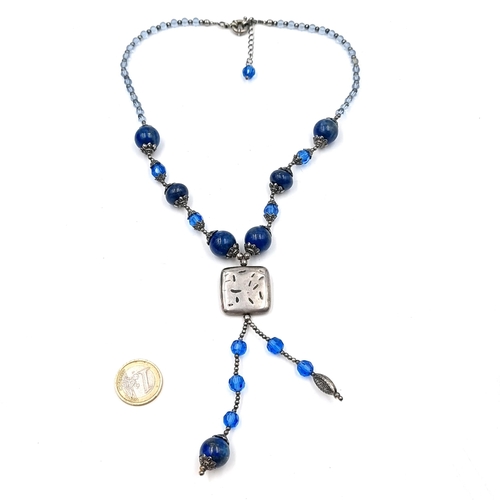 542 - A vintage silver lapis bohemian drop necklace. Length 52cm.