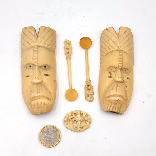 577 - An unusual pair of Japanese antique bone carved  face figures set with ring fix mounts to backs. Dim... 