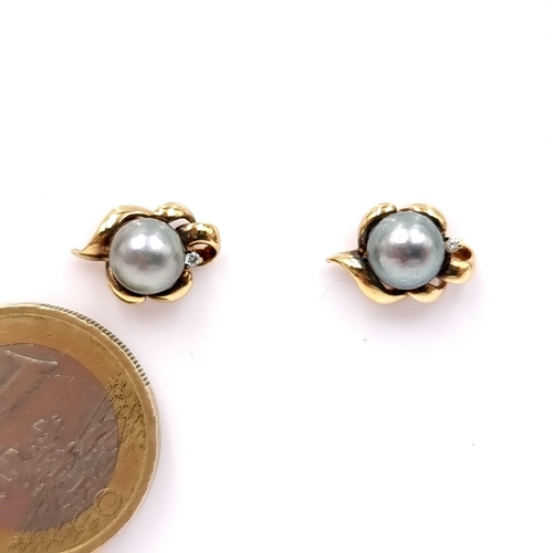 607 - Star lot : A beautiful pair of Tahitian pearl and diamond stud earrings set in nine carat gold. Suit... 