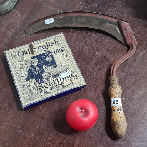 785 - Two vintage items including a hand scythe tool as well as a boxed Solitaire game.