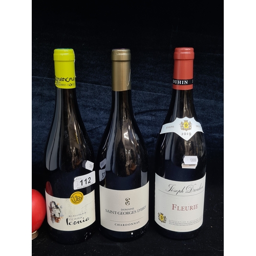 112 - Three bottles of wine including Joseph Drouhin Fleurie, Beaujolais Terra Iconia, and Domaine Saint-G... 