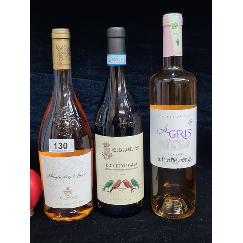 130 - Three bottles of wine including Whispering Angel Rose, G. D. Vajra Dolcetto D'Alba 2020, and Le Gris... 