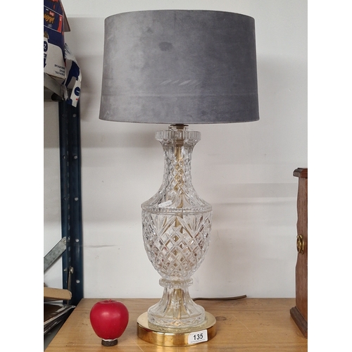 135 - A very pretty, large, heavy, cut crystal table lamp with plush grey shade.