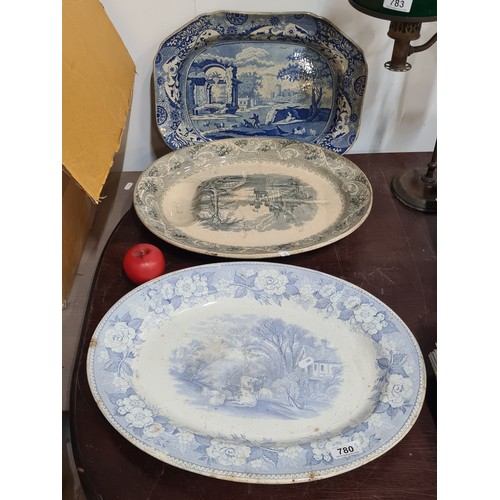 780 - Three antique blue and white meat platters.