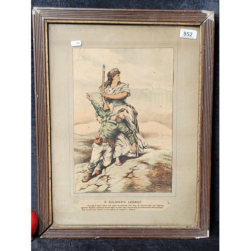 852 - A chromolithograph print on paper titled 'A Soldier's Legacy'. Features an Irish Historical narrativ... 