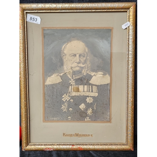 853 - A hand painted on print featuring a portrait of Kaiser Wilhelm I. Housed in a gilt frame.