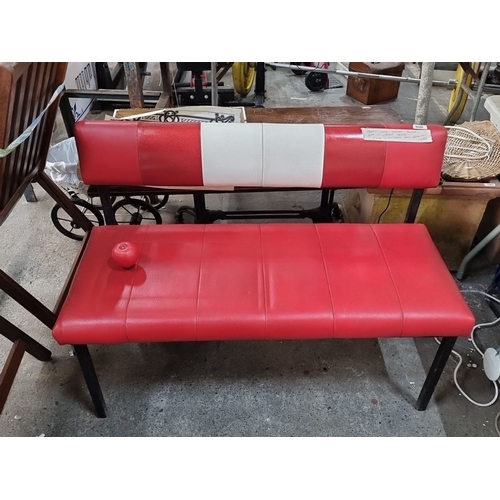 808 - Fun Retro style bench with retro red and white vinyl upholstery and metal frame construction.