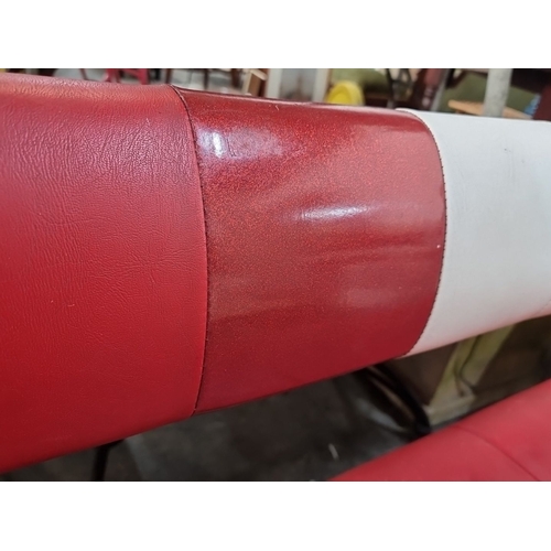 808 - Fun Retro style bench with retro red and white vinyl upholstery and metal frame construction.