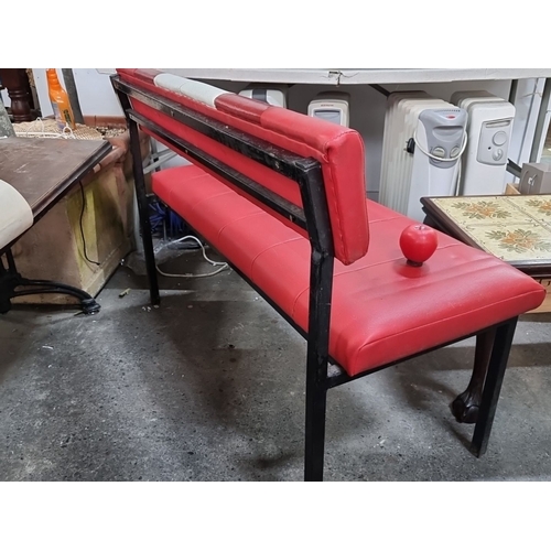 808 - Fun Retro style bench with retro red and white vinyl upholstery and metal frame construction.