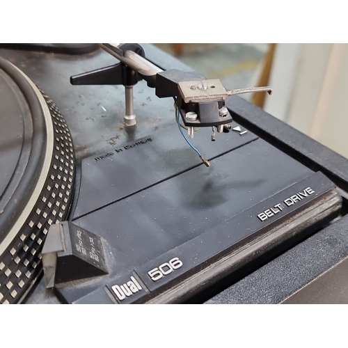 809 - Pair of Dual 505-2 Belt Drive turntables with transparent dust covers, featuring Ortofon cartridges.