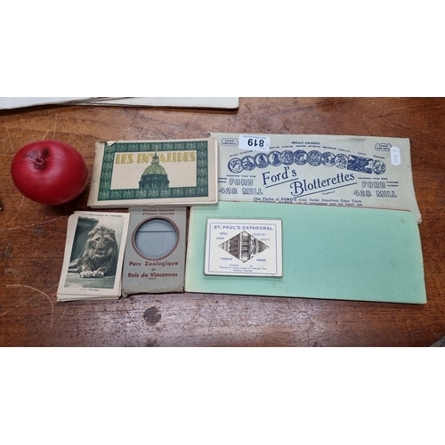 819 - Mixed lot includes a Les Invalides photo booklet, Ford's Blotterettes, a lion picture from Parc Zool... 