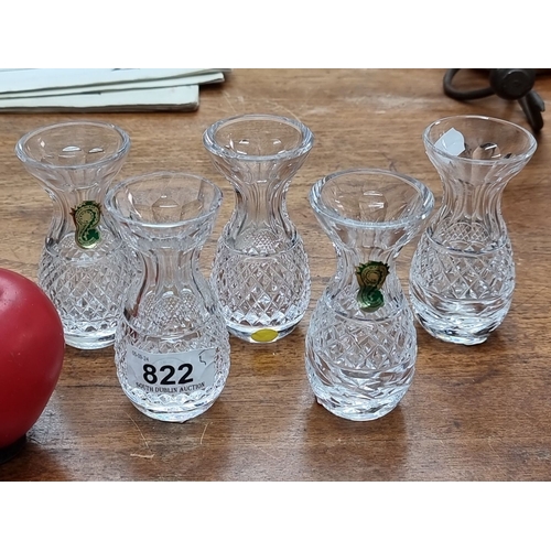 822 - Set of five Waterford Crystal miniature vases, featuring intricate diamond-cut patterns and engraved... 