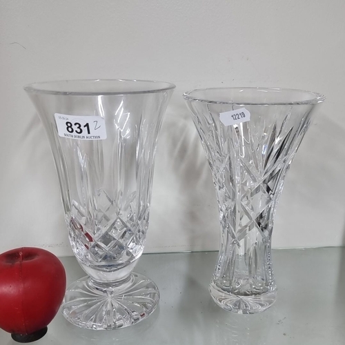 831 - Pair of Waterford crystal vases, showcasing intricate cut patterns. Etched to base  and in very good... 