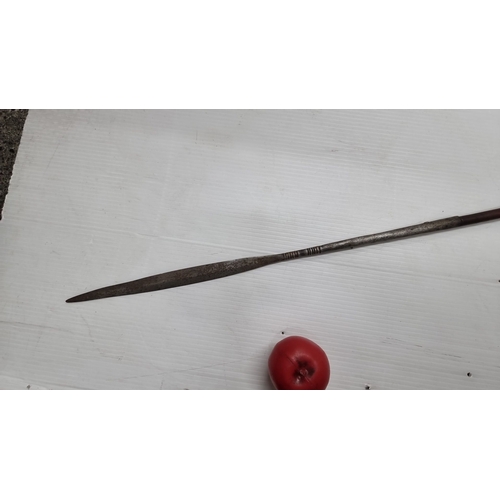 836 - An african xhosa spear circa 1840,s with brass inlay and paddle shaped counterweight.