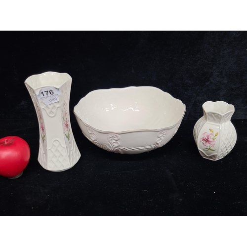 1348 - Three vintage pieces of Belleek porcelain including a large fruit bowl as well as two vases.
Previou... 