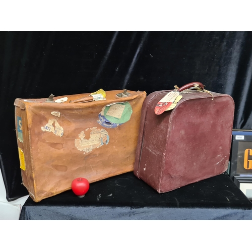 1349 - Two fantastic vintage brown leather hard shell suit cases with featuring old original travel sticker... 