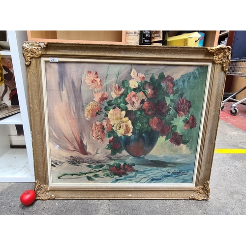 1370 - Star Lot : A large 1930's oil canvas painting featuring a still life of roses. Rendered in a loose s... 