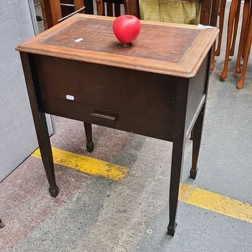 1377 - A vintage Chard Product sewing table, features a lift-top with green felt interior and integrated st... 