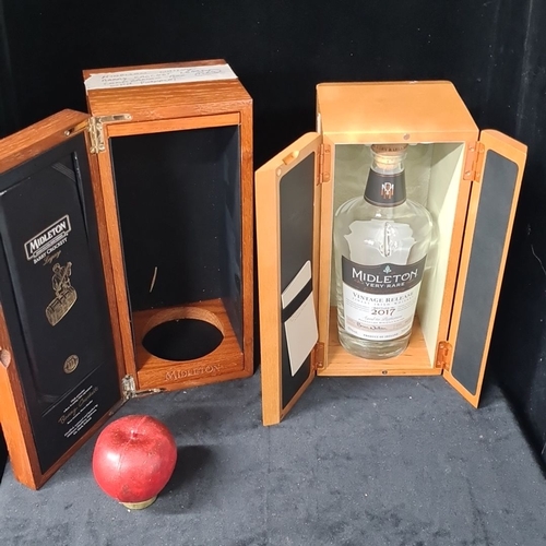 Midleton Single Pot Still Irish Whiskey, Barry Crockett Legacy and Very Rare Vintage Release 2017, both in original wooden presentation boxes. One box with  empty bottle one box empty.