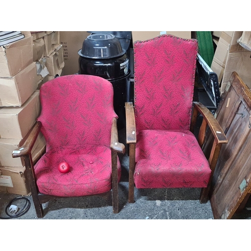 1431 - Pair of vintage oak armchairs with red floral upholstery, one convertible to a recliner. Mid-century... 